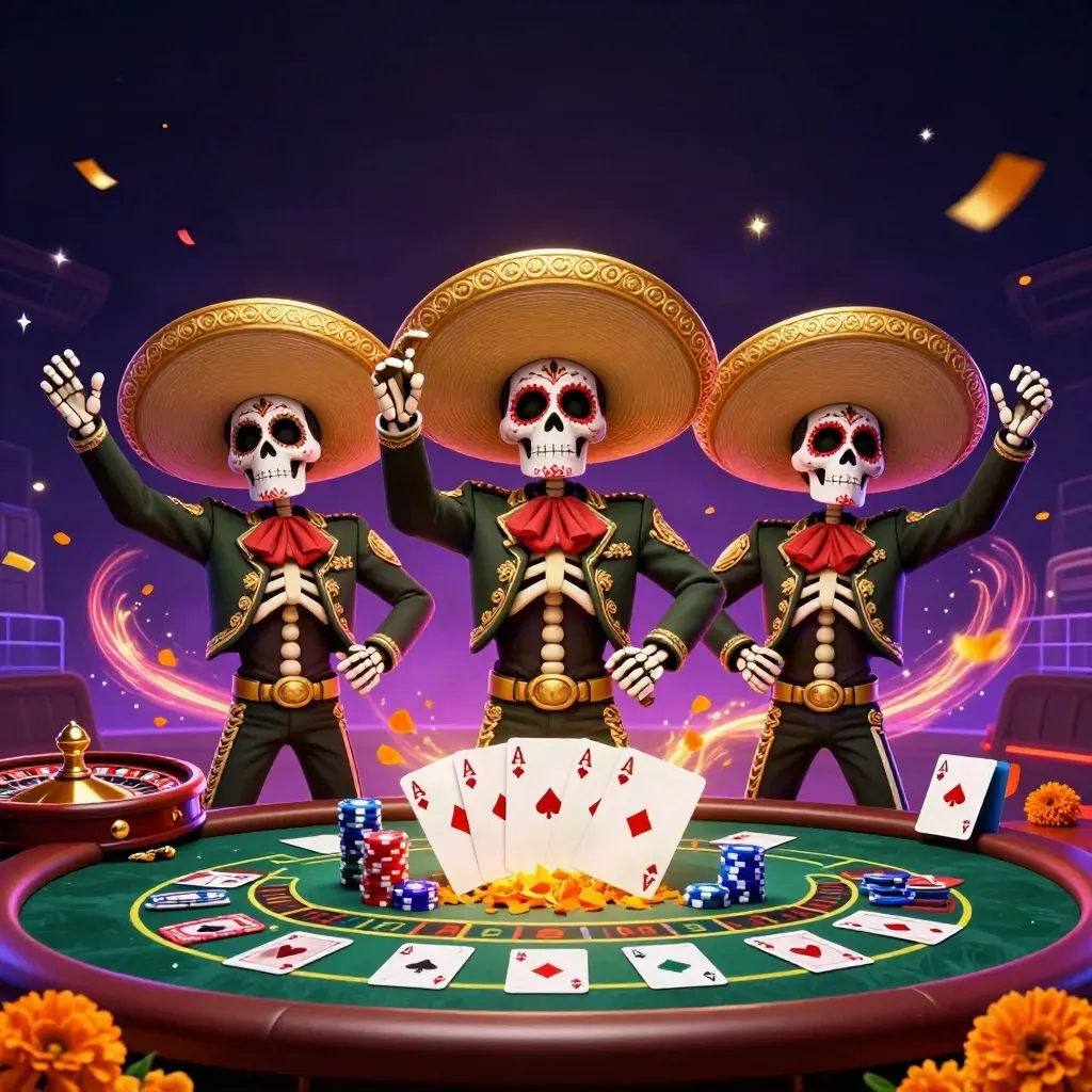 Skeleton mariachi trio with casino elements, neon grid, fireworks, and gold-lit hero energy