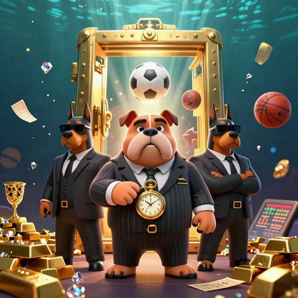 Ground-level casino sports key art: bulldog boss, Dobermans, vault blast, balls mid-flight.