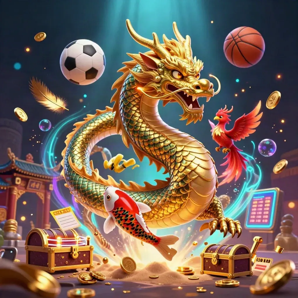 Golden dragon with phoenix and koi amid casino sports props, glowing in dark navy light.