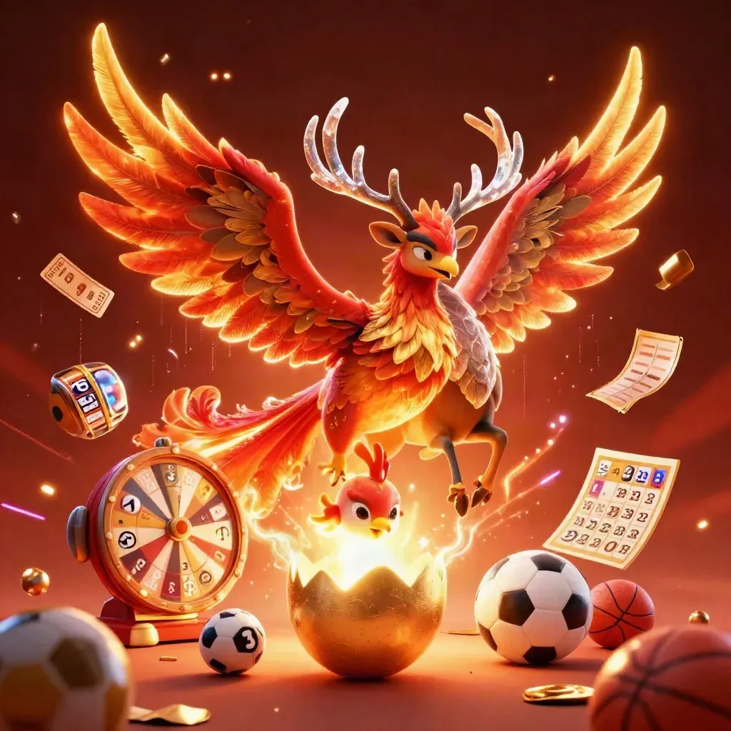 Fire phoenix, crystal stag and baby phoenix amid casino balls, tickets and a prize wheel.