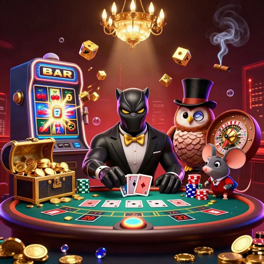 Panther, owl, and mouse in a luxe casino room with slot burst, dice, gold, and neon glow.
