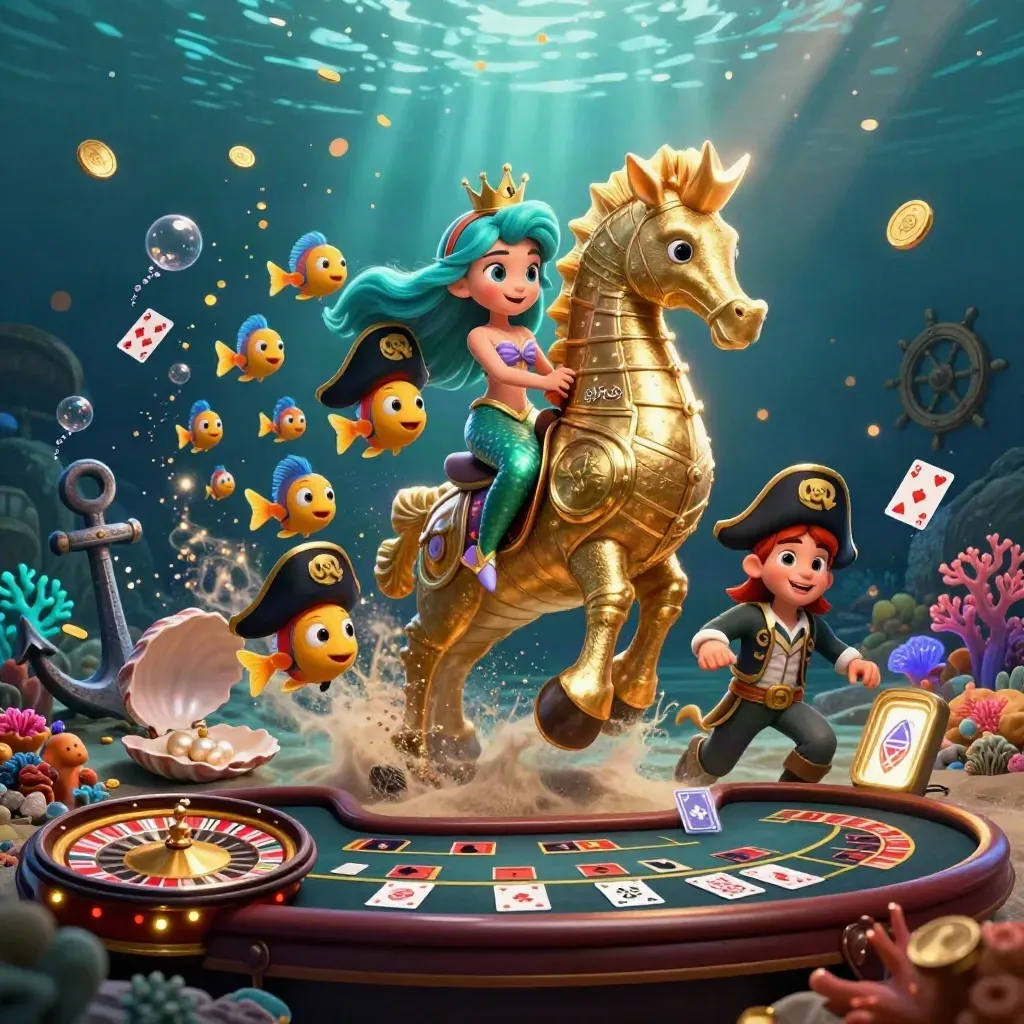 Mermaid princess on gold seahorse amid pirate fish, casino treasure cove, glowing underwater lights.