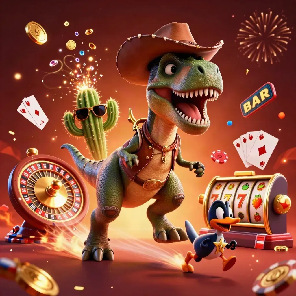 Cowboy T-Rex, cactus sidekick, and roadrunner amid casino coins, chips, and fiery sparks.