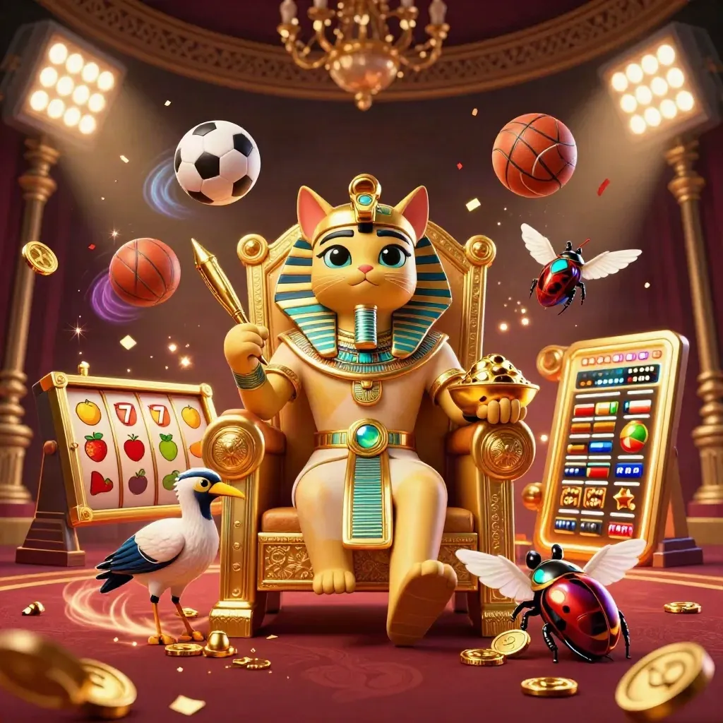 Pharaoh cat, ibis scribe, and gem-wing scarabs amid casino treasure chaos in a crimson-gold glow.