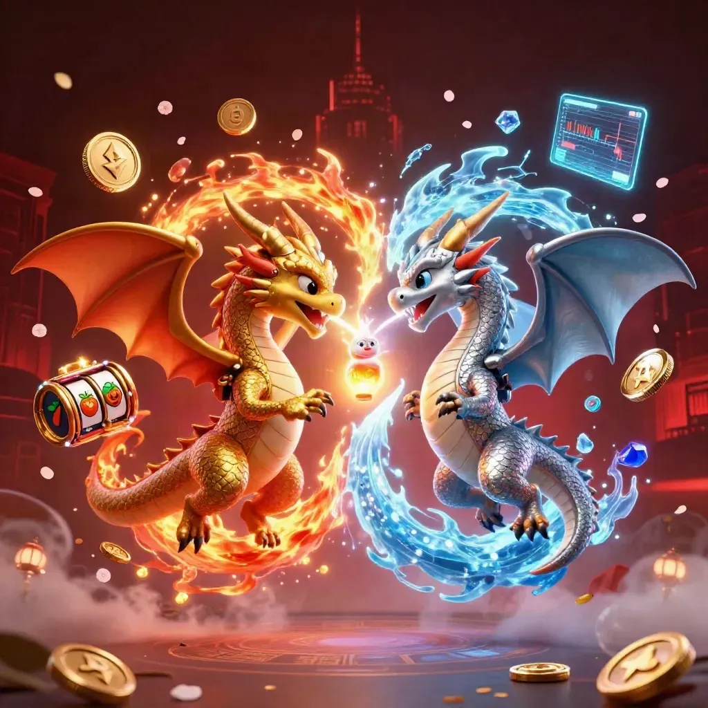 Gold and silver dragons twist in fire and ice above neon crypto coins and casino sparks.
