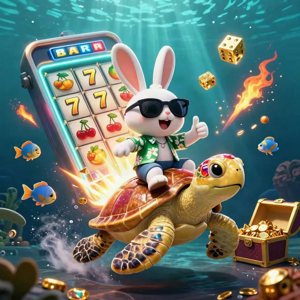 Lucky rabbit rides a golden sea turtle underwater as casino icons burst in neon glow.