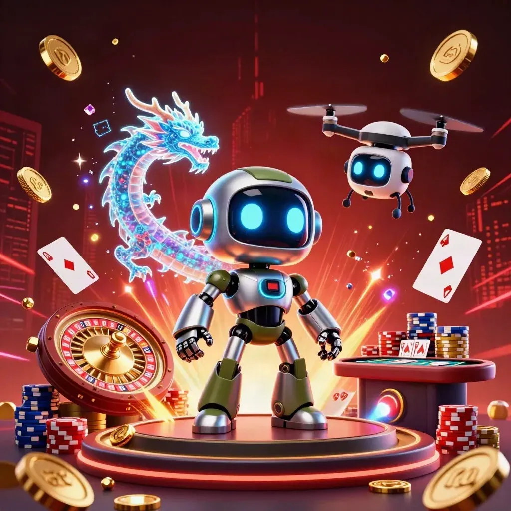 Cyberpunk robot, holographic dragon and coin drone amid gold coins, roulette, cards and sparks.