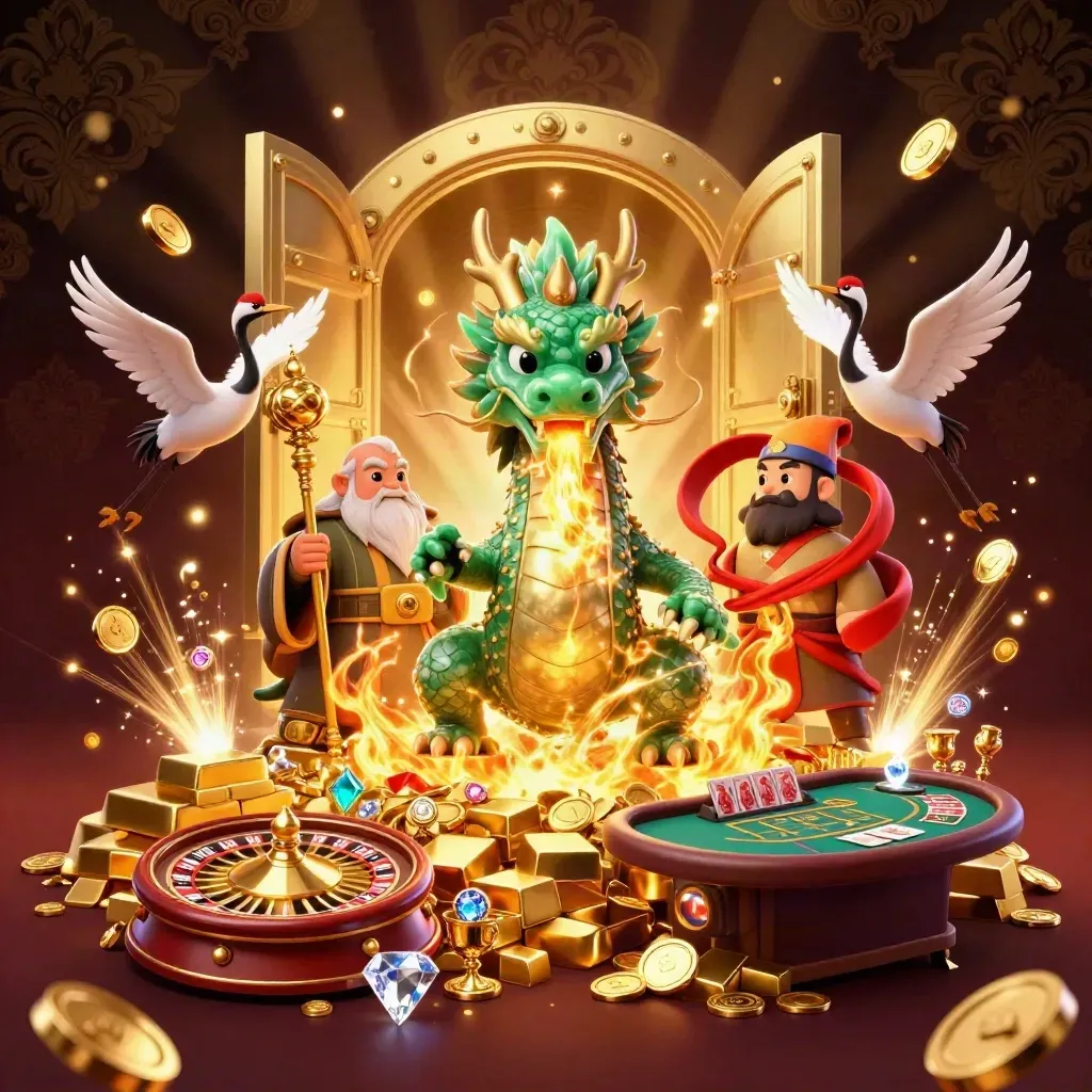 Dragon, turtle sage, and cranes amid exploding gold, vault, cards, and casino lights.