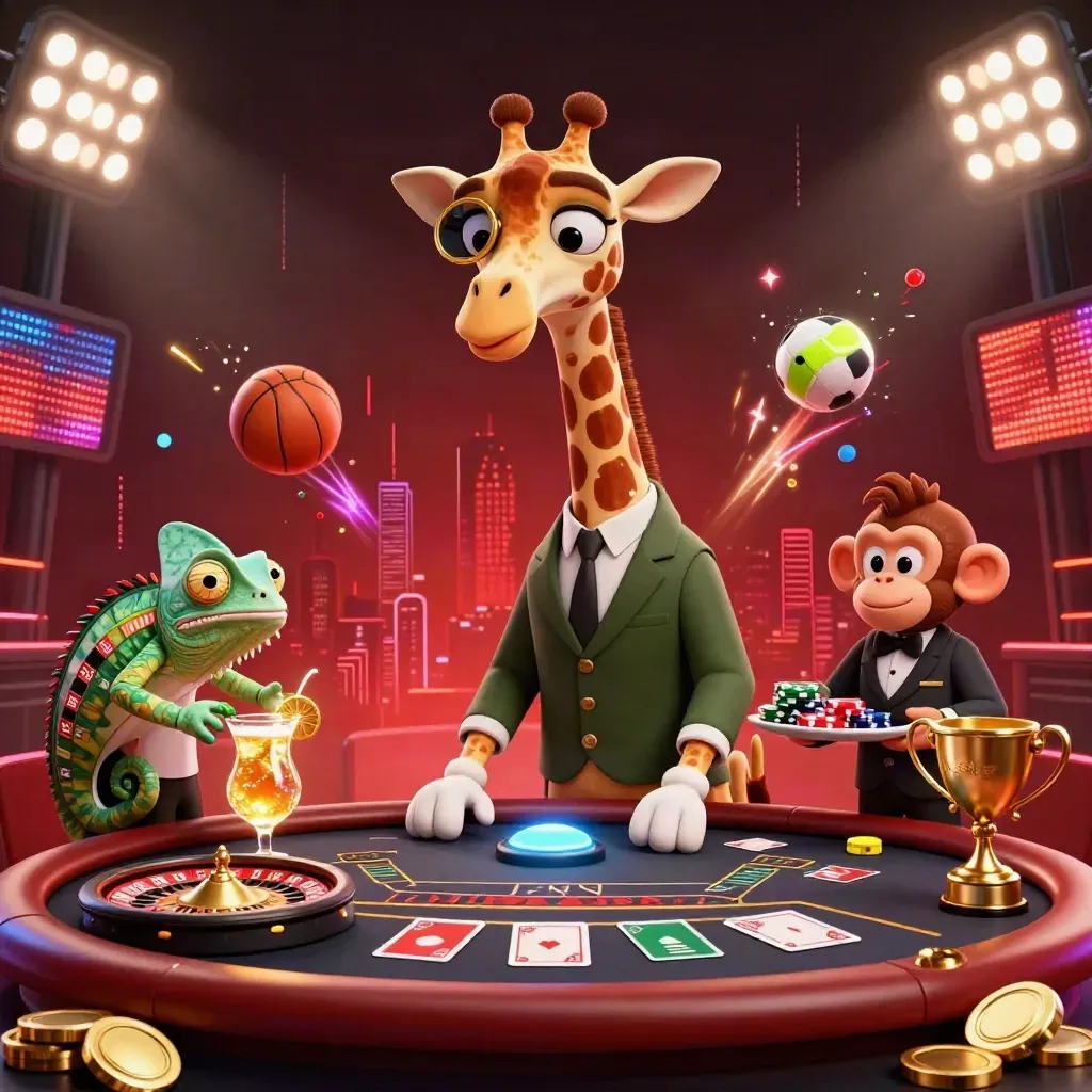 3D giraffe, monkey valet, and chameleon bartender amid coins, fireworks, and casino gear