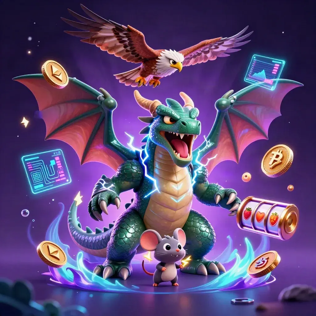 Thunder dragon, glowing hawk, and static mouse amid crypto casino effects on a dark neon background.