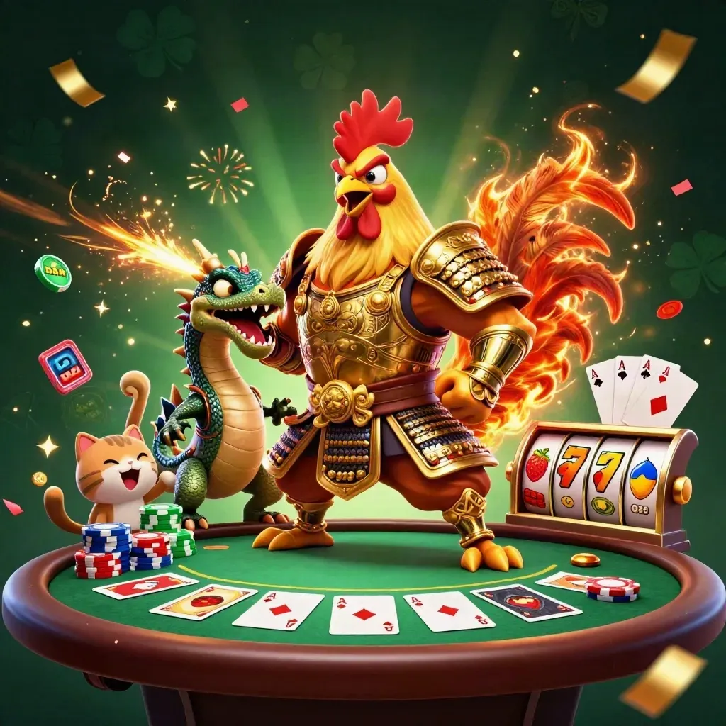 Rooster warrior, spark-spitting hatchling, and fortune-cat amid casino chips and glowing reels