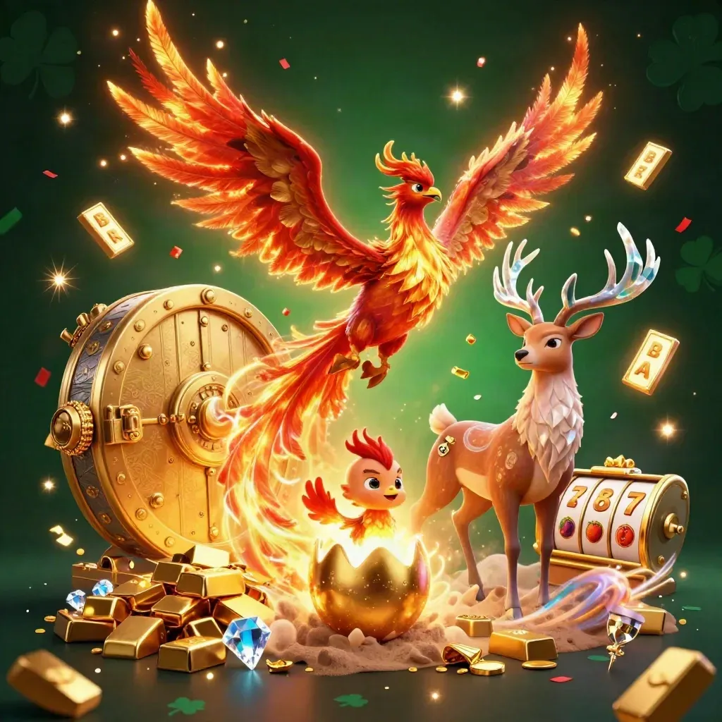 Phoenix, hatching chick, and crystal-antler stag amid vault gold, reels, gems, confetti, dark emerald glow
